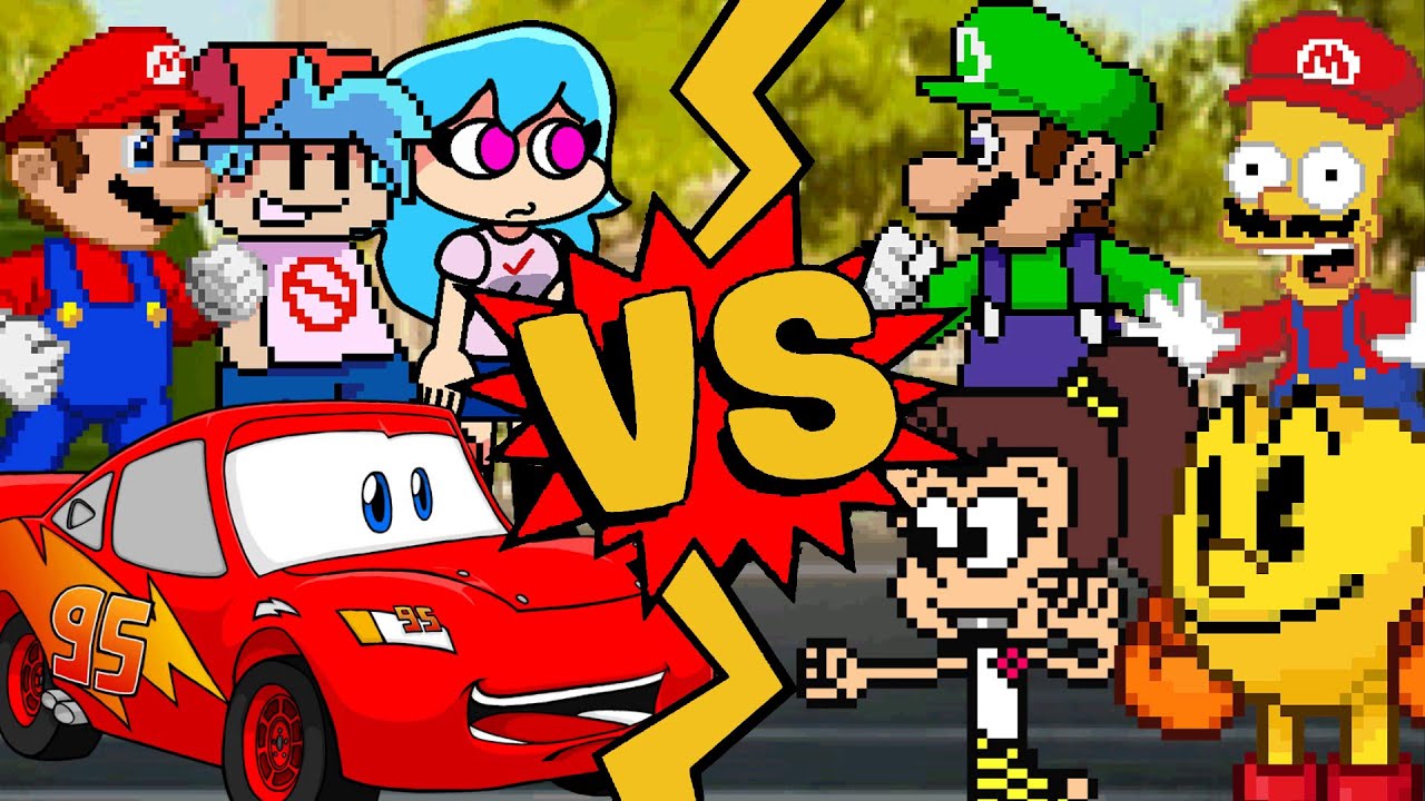 M.U.G.E.N Battles | Boyfriend/Mario/Sky/Lightning McQueen vs Luan Loud/Luigi/Bart Simpson/Pac-Man