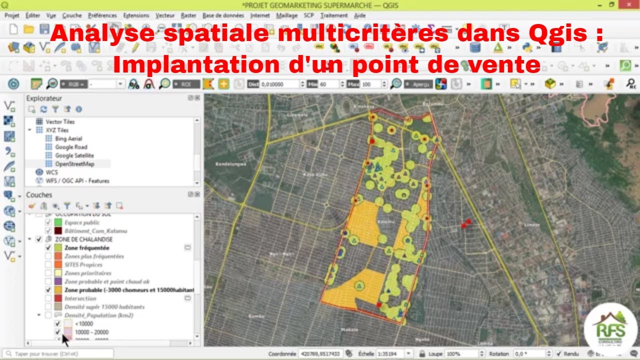 faire analyse spatiale dans qgis, implantation d'un Supermarché, zone de chalandise, Geomarketing