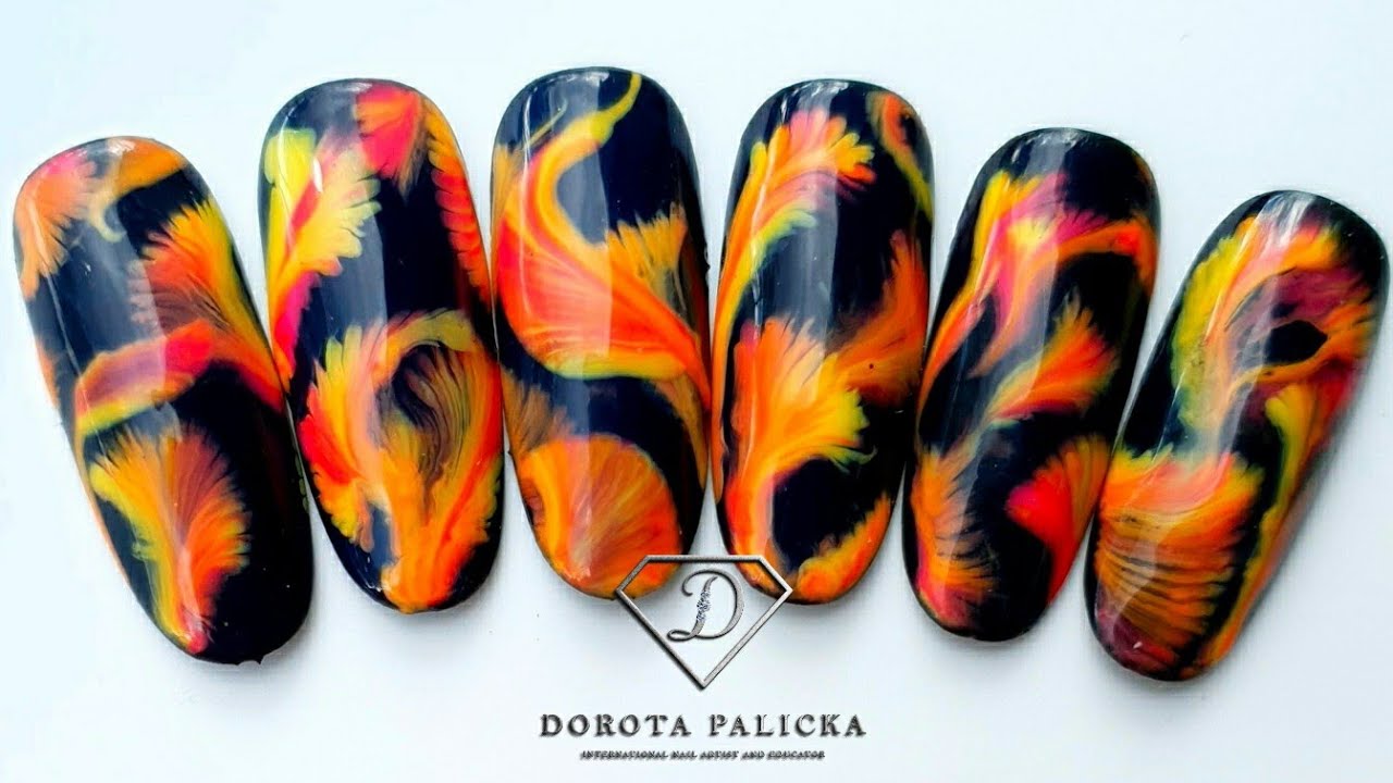 Autumn nail art. String pull inspired nail art.Easy pull through nail art technique. Autumn nail