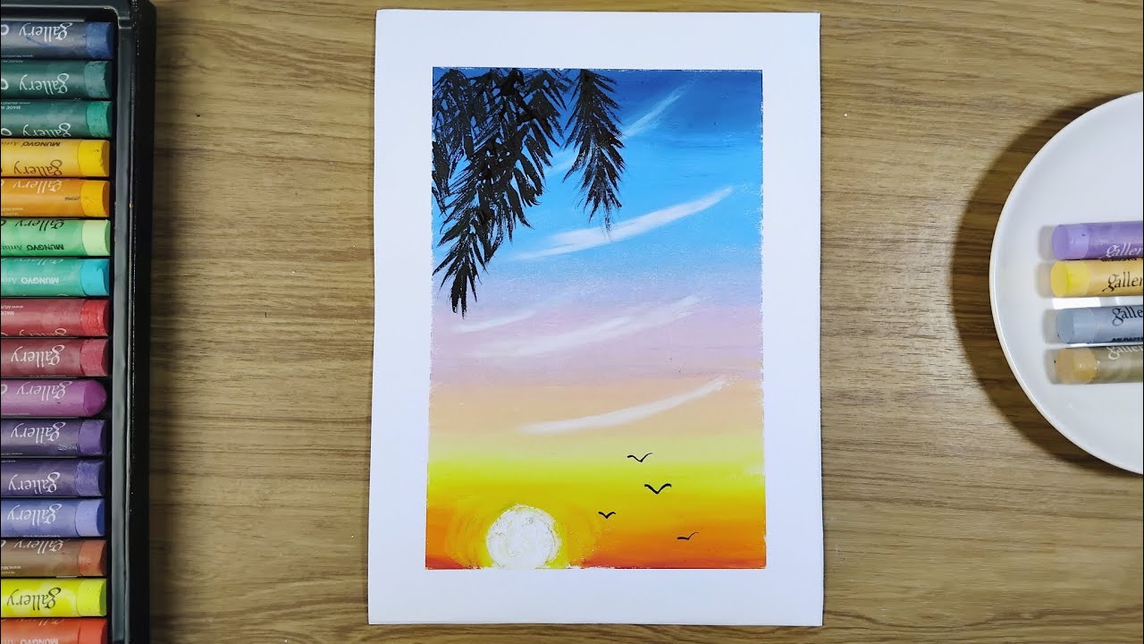 Coloured full sunset drawing with oil pastels 