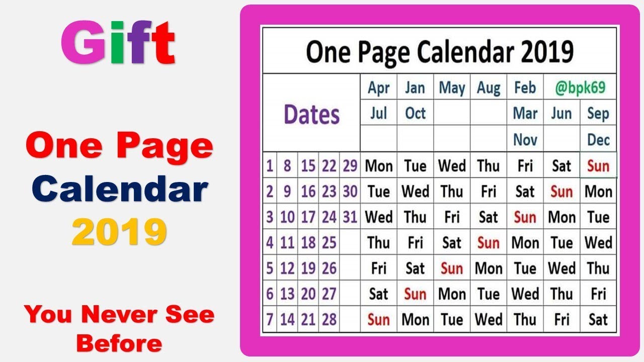 One Page Calendar 2019 / Best Calendar of 2019