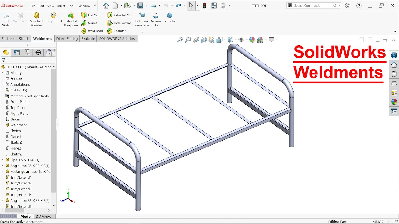 Учебное пособие по SolidWorks Weldments: стальная кроватка, элемент конструкции, обрезка/удлинение