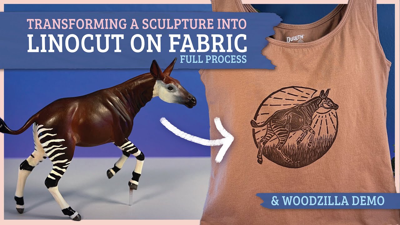 How I LINOCUT ON FABRIC, Inspired by My Okapi Sculpture (& I Have a Woodzilla Press Now!)