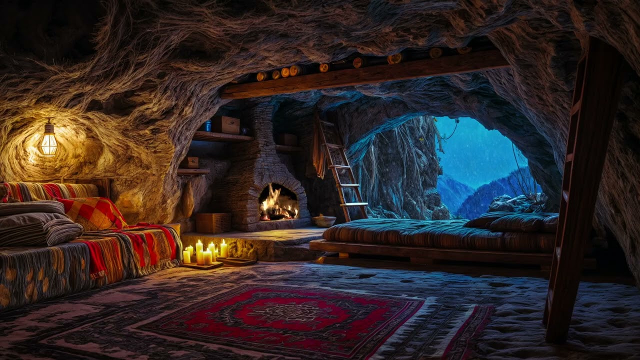 Cozy Fireplace in a Hidden Cave | Winter Night Ambience for Deep Sleep & Relaxation