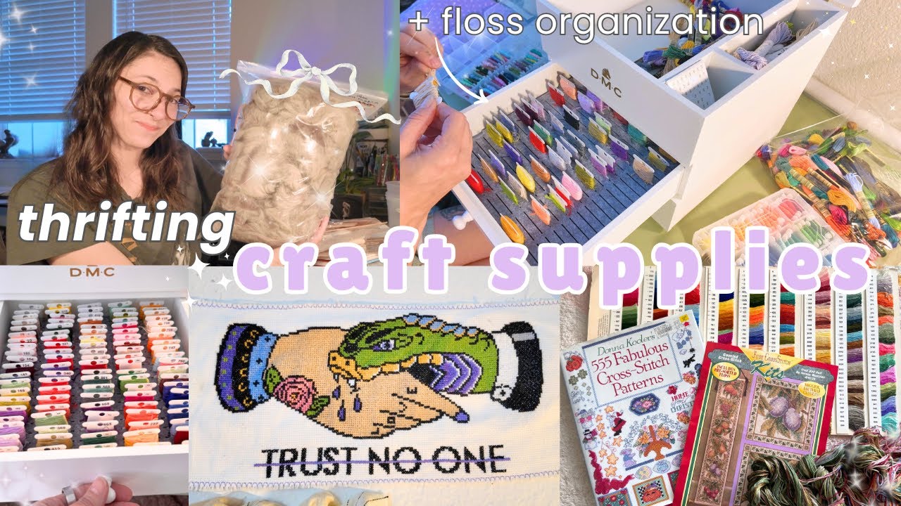craft thrifting~ exciting FIBER find, huge cross stitch kit, & a major floss organization reset