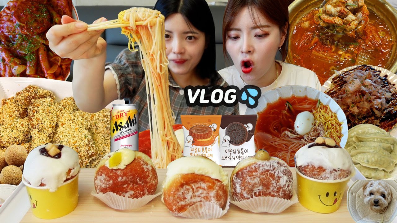 [먹방브이로그] 쌍둥이자매가 폭염을 이겨내는 법 💦 (부산최애밀면  노티드신메뉴 이웃집약과 통통이 황치즈 bhc 신메뉴 마법클 쫄볶이 아사히 드라이 )