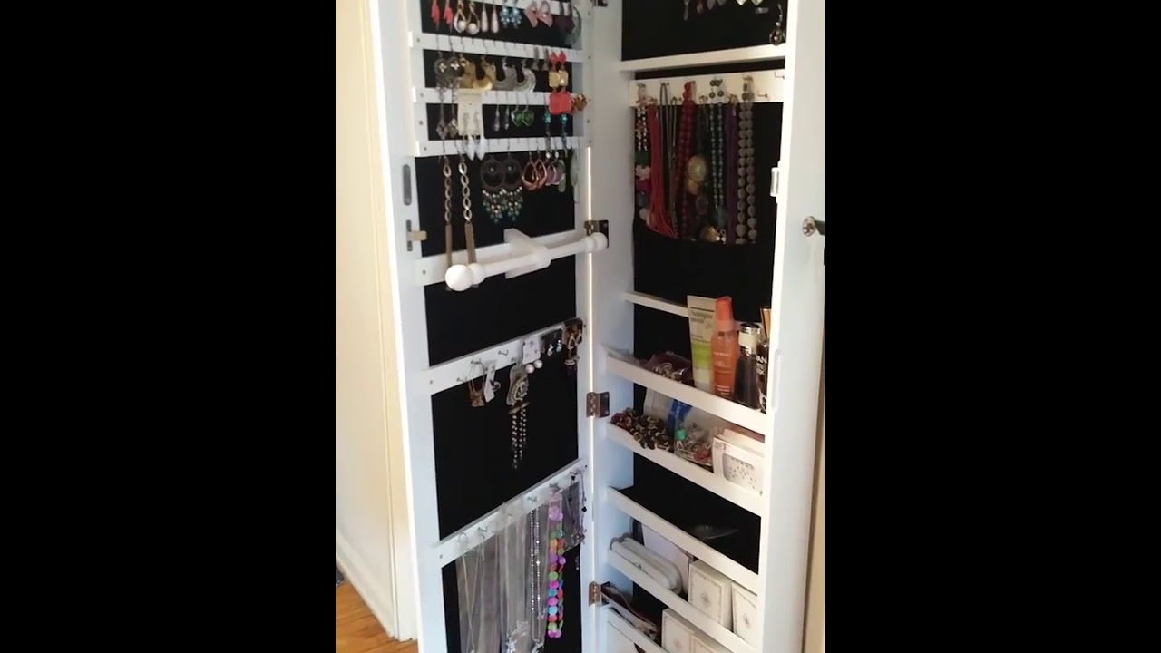 SONGMICS Lockable Jewelry Cabinet Wall Door Organizer with Mirror LED Light