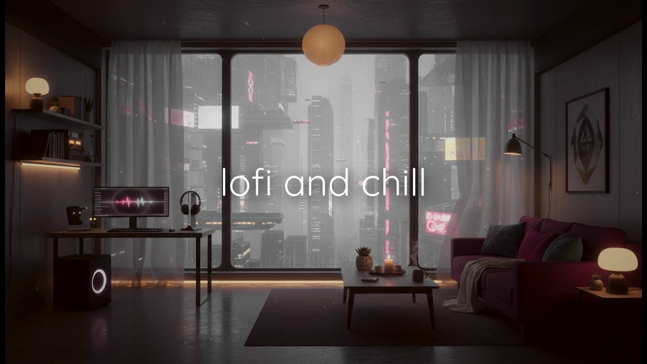 4K Cozy Lo-Fi Cyberpunk Apartment Night Skyline Ambience