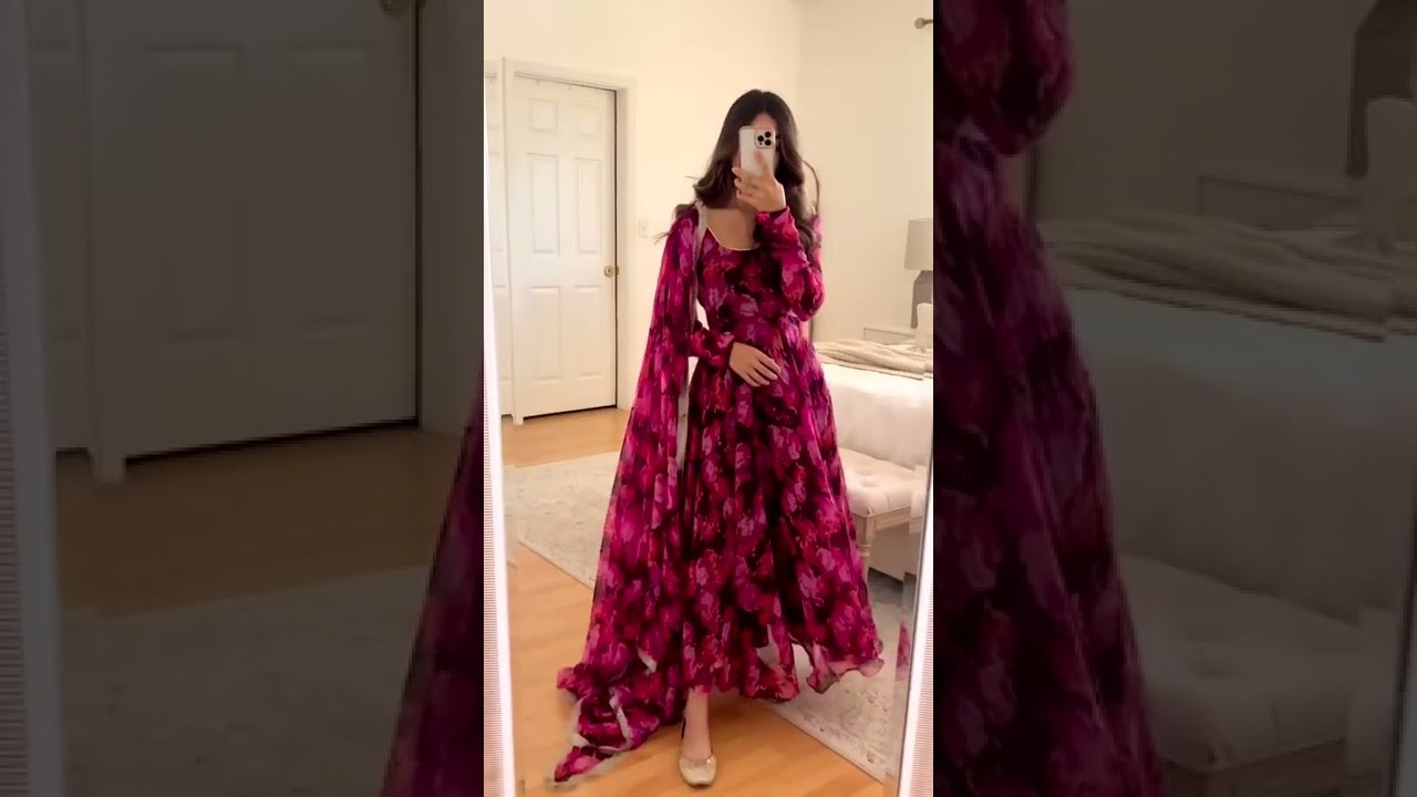 Pink georgette floral printed long anarkali suit