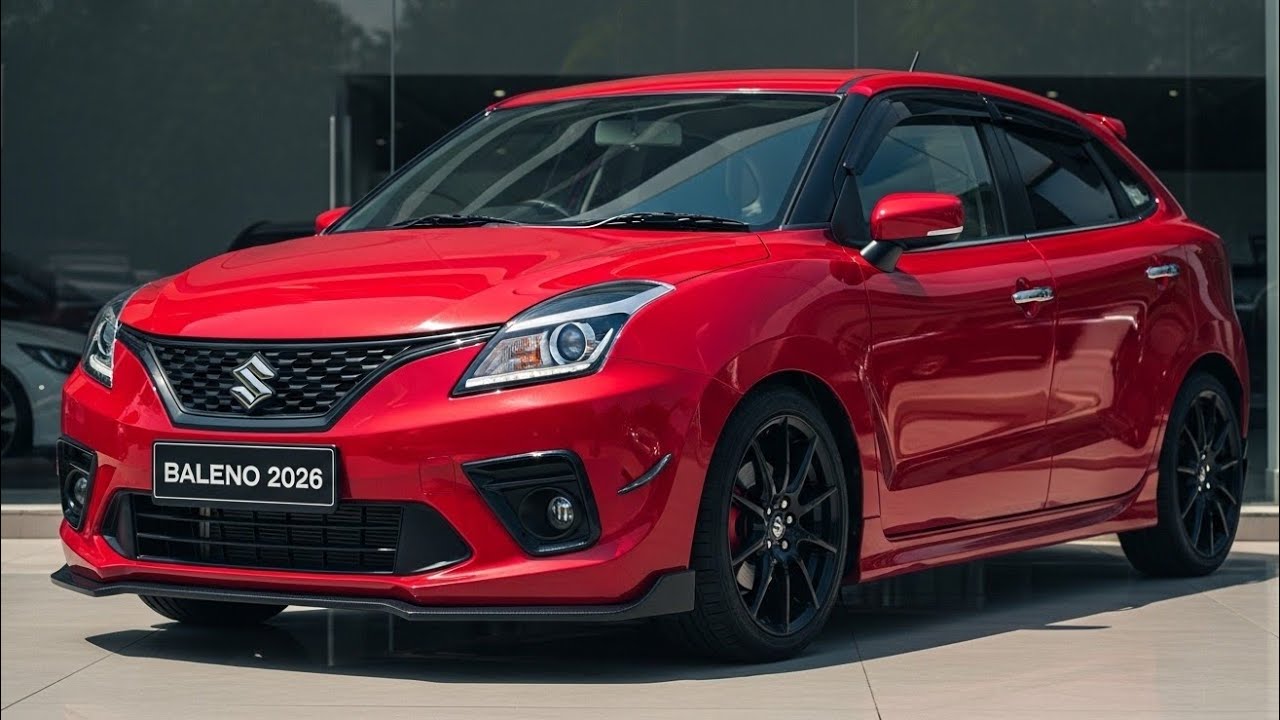 Maruti Suzuki Baleno 2026 Красный | Полностью модифицированный хэтчбек | Вид спереди и сбоку (дне...