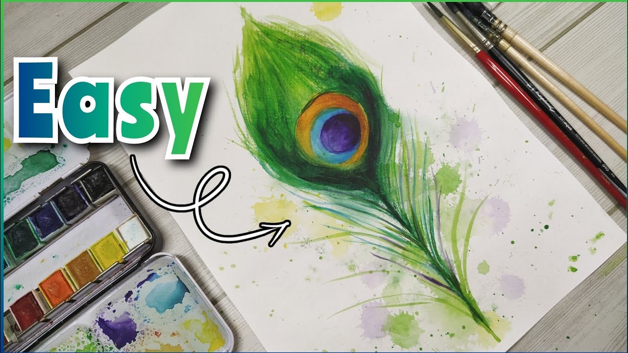 EASY WATERCOLOR PAINTING TUTORIAL / how to paint a simple watercolor peacock feather/ STEP BY STEP