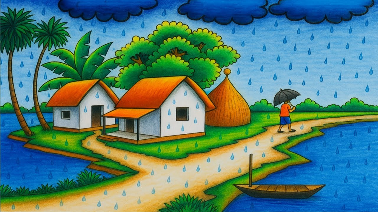 Rainy Season Scenery Drawing with Colour / Easy Rainy day Village Scenery Drawing Step by Step 