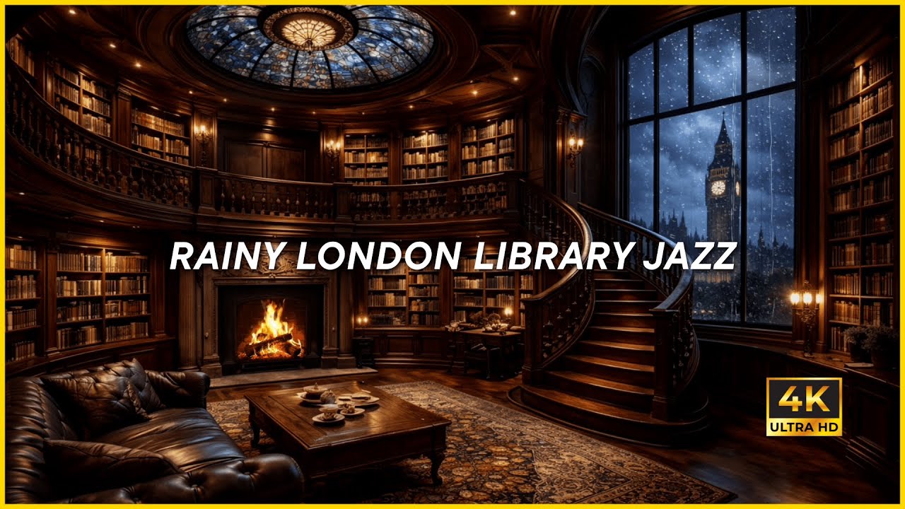 RAINY LONDON LIBRARY JAZZ (4K) | Cozy Victorian Library Rain Night for Study, Relaxation and Sleep