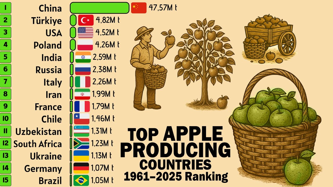 Крупнейшие производители яблок в мире (1961–2025)