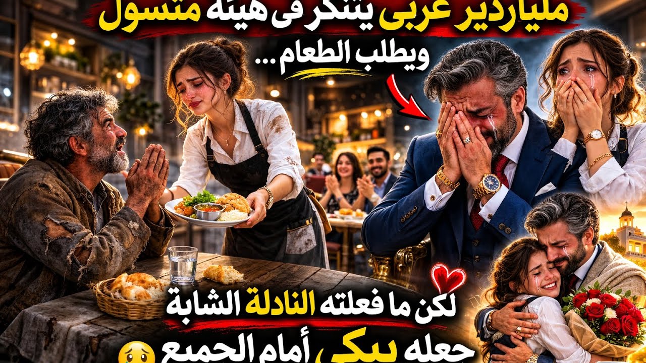 ملياردير عربي يتنكر في هيئة متسول ويطلب الطعام… وفعلت النادلة الشابة شيئًا جعله يبكي أمام الجميع 😢