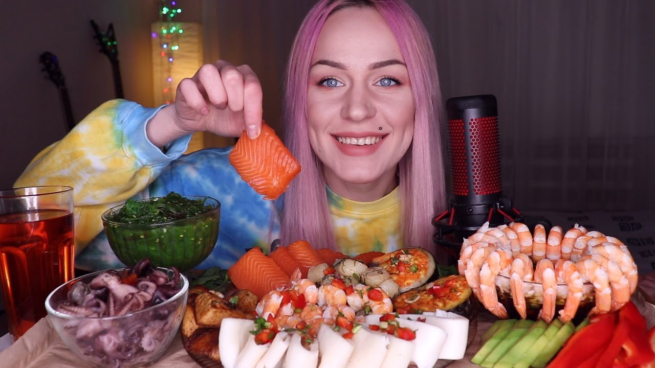 MUKBANG | Лосось, кальмар, креветки, осьминог | Seafood | не ASMR