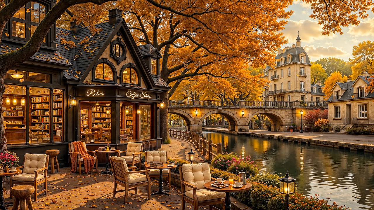 Relaxing August Fall Morning at Riverside Caf&eacute; Shop Ambience 🍂 Smooth Autumn Jazz Music for Unwind