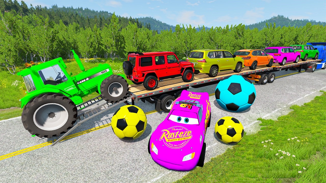 Flatbed Trailer McQueen Transportation with Truck - Speedbumps vs Cars vs Train - BeamNG.Drive
