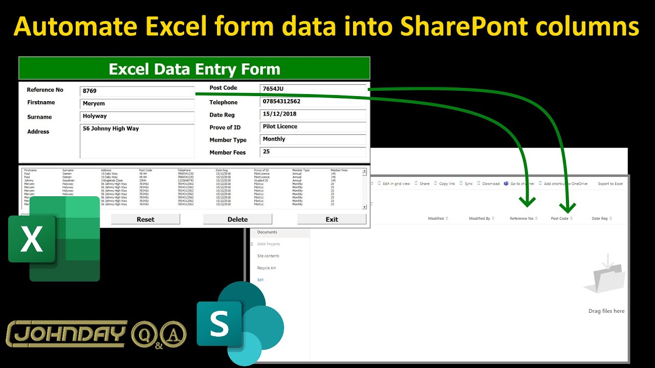 Добавить данные формы Excel в столбцы SharePoint