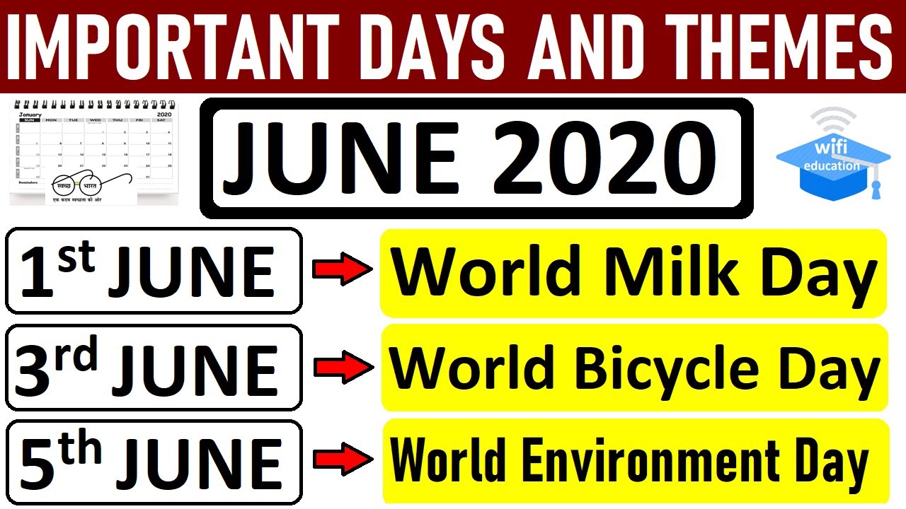 All Important Days and Themes June 2020 || Wifi Education