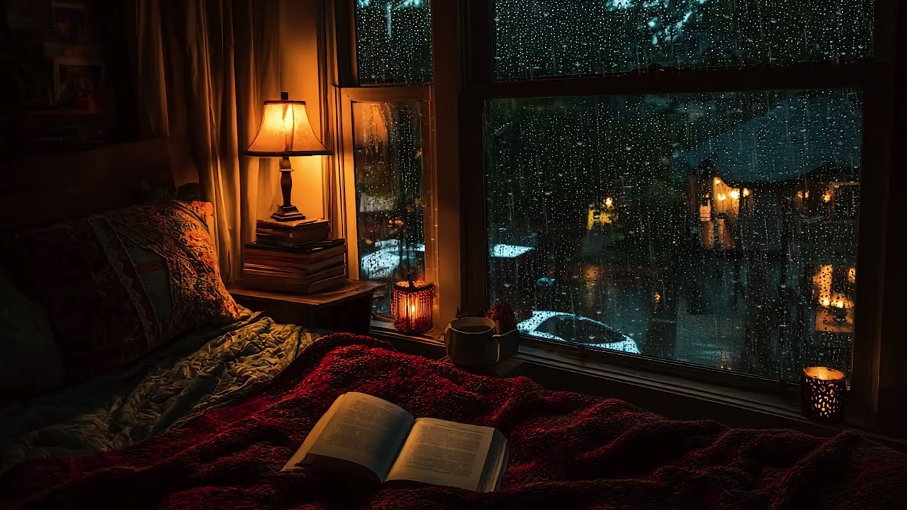Cozy Bedroom at Night 🌧️ Warm Light & Rain on the Window for Deep Sleep