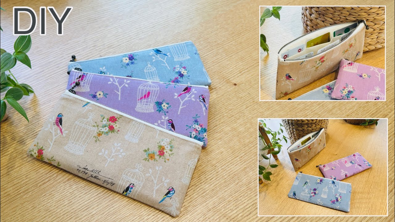 カード入れ付き布ポーチ簡単作り方,How To Make Fabric Wallet With Card Organizer,Easy Sewing Tutorials,Diy