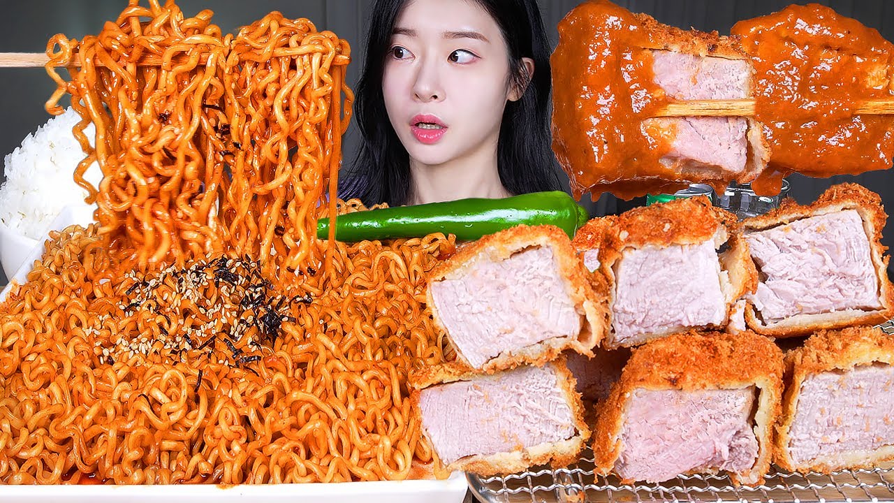 ASMR MUKBANG | Толстые и сочные свиные котлеты (шатобриан) и острая лапша булдак и острый рис