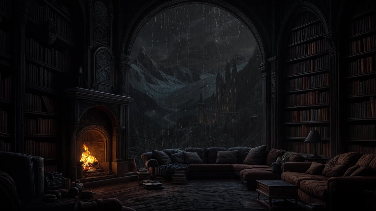 No Ads | 🏰 Gothic Castle Library with Fireplace & Rain Ambience