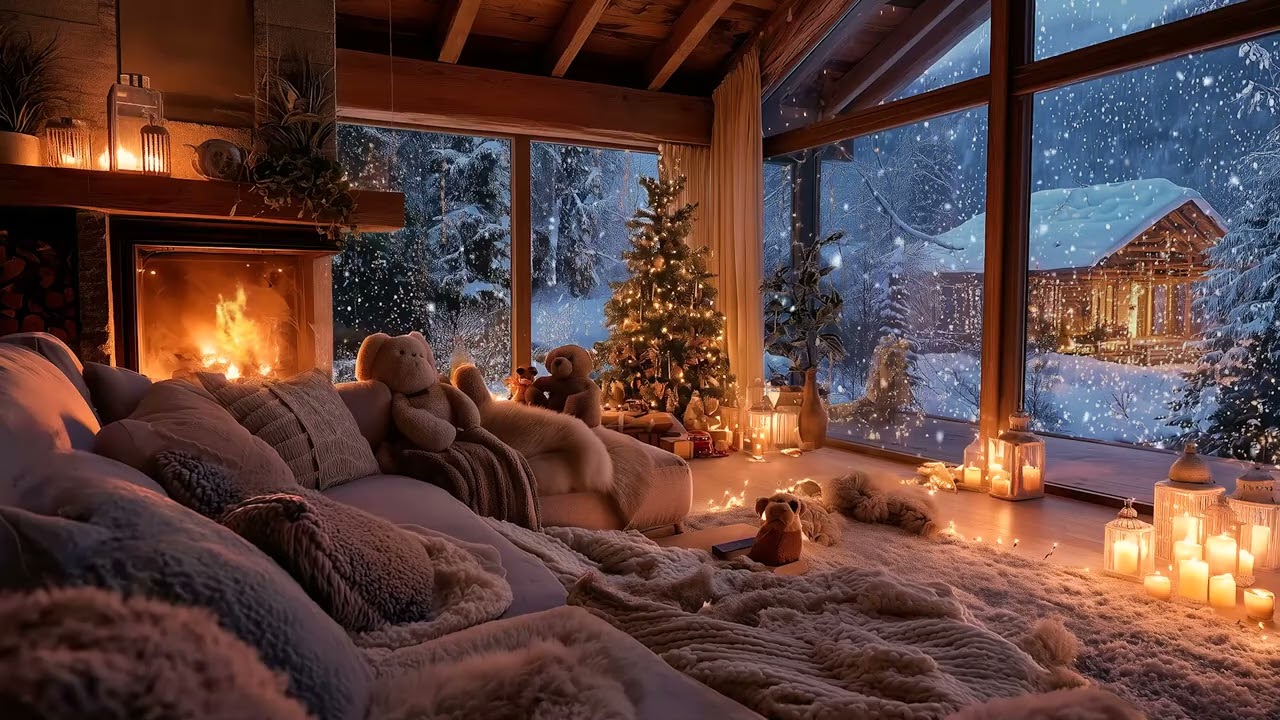 Soothing Winter Piano Snowfall & Fireplace Ambience for Relaxing Night