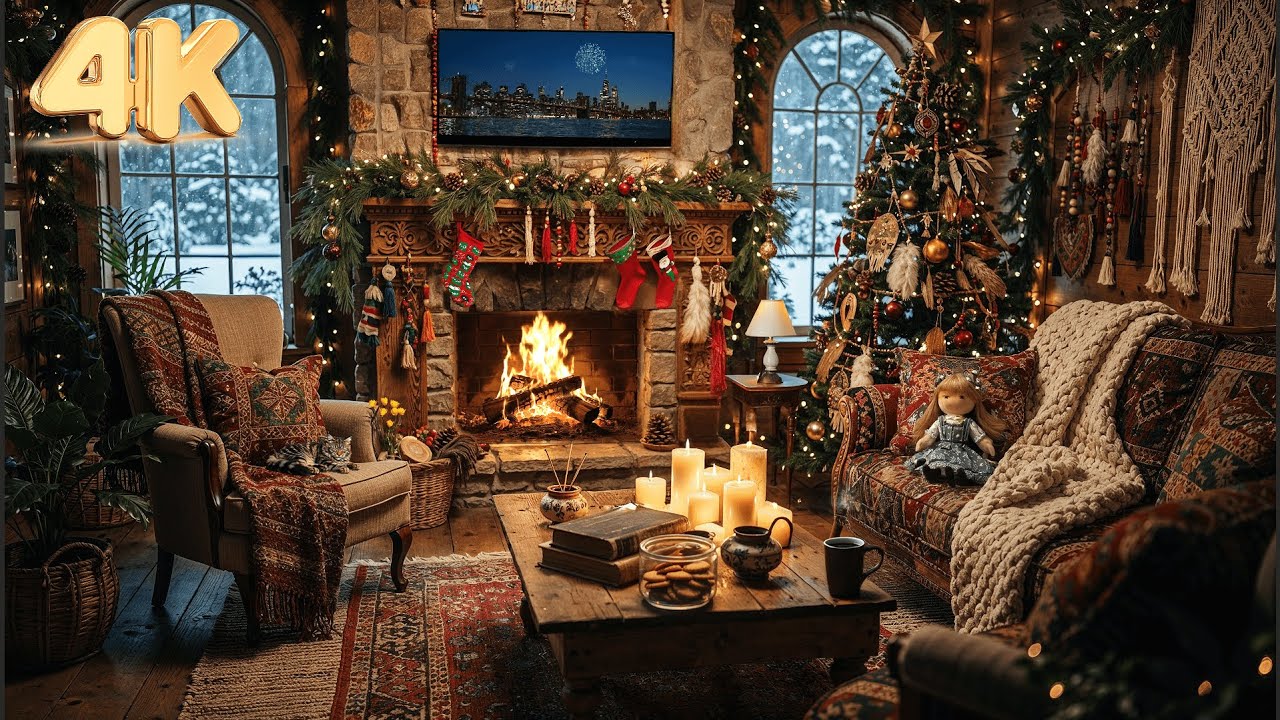 Happy New Year in Cozy Boho Living Room ❄️ Smooth Jazz  with The Warm Sound of a Fireplace | 4K