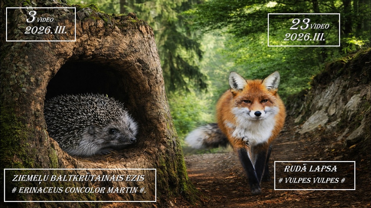 3. ZIEMEĻU BALTKRŪTAINAIS EZIS /Erinaceus roumanicus/. 23. RUDĀ LAPSA  / Vulpes vulpes /.