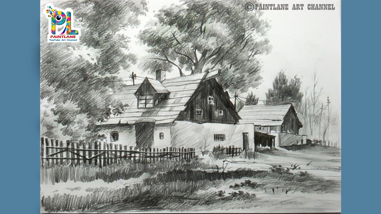 How to draw old houses in a scenery art with pencil for beginners || Easy landscape drawing