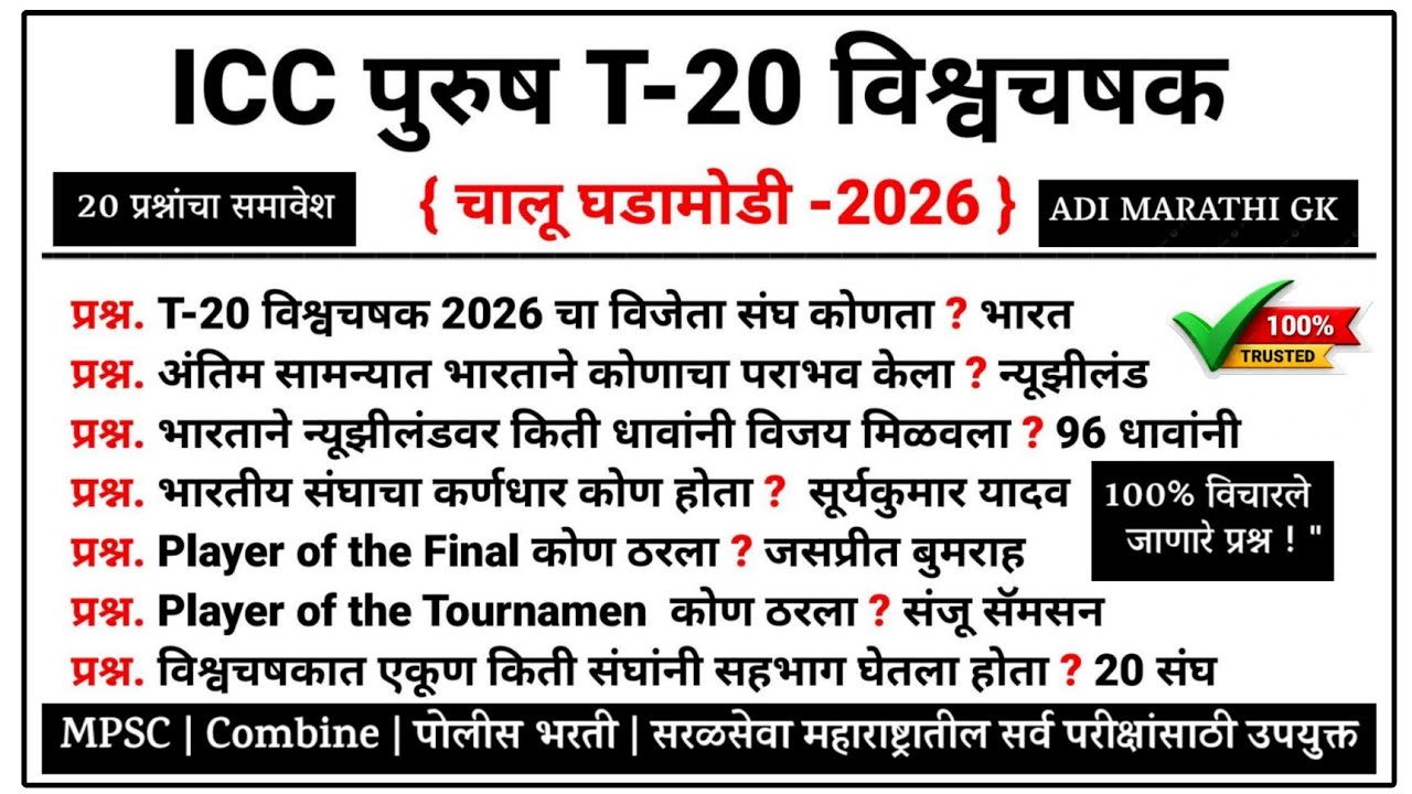 ICC पुरुष T20 विश्वचषक 2026 | T20 World Cup 2026 GK Questions #iccworldcup #mpsc #policebharti 