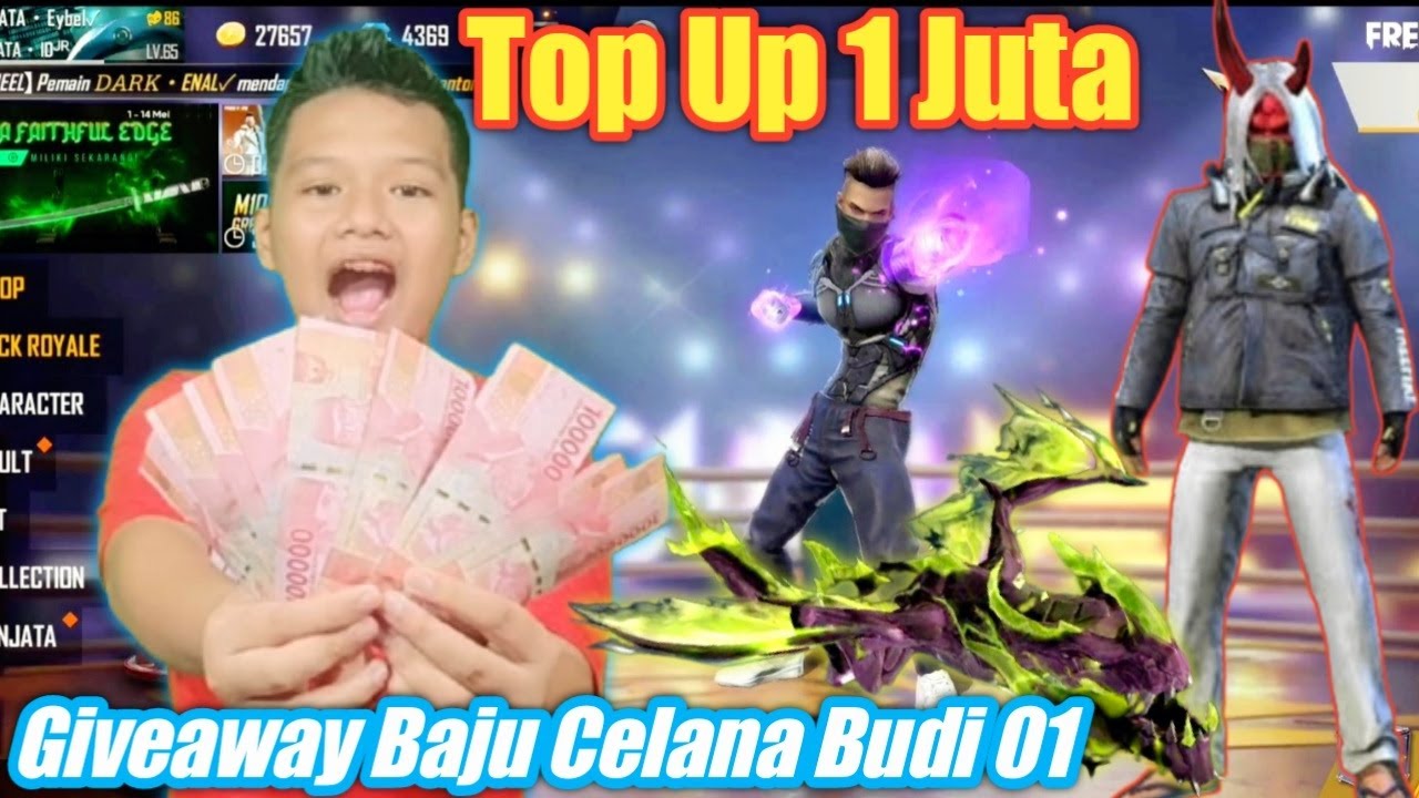 TOP UP DIAMOND FF 1 JUTA PAKE UANG THR DAN GIVEAWAY BAJU CELANA BUDI 01