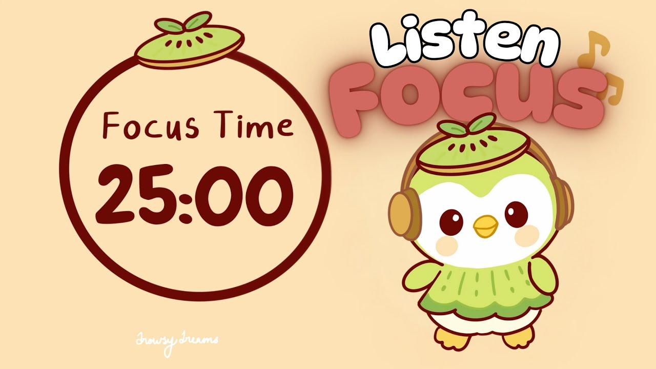 25x5 Mins Pomodoro Timer | Penguin listening to Music |  White  Noise Break | ADHD Study Timer