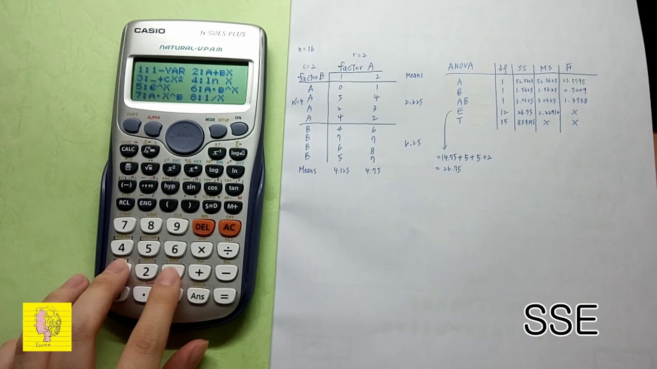 The Factorial Design: Two-Way ANOVA with calculator (CASIO fx-570ES PLUS)