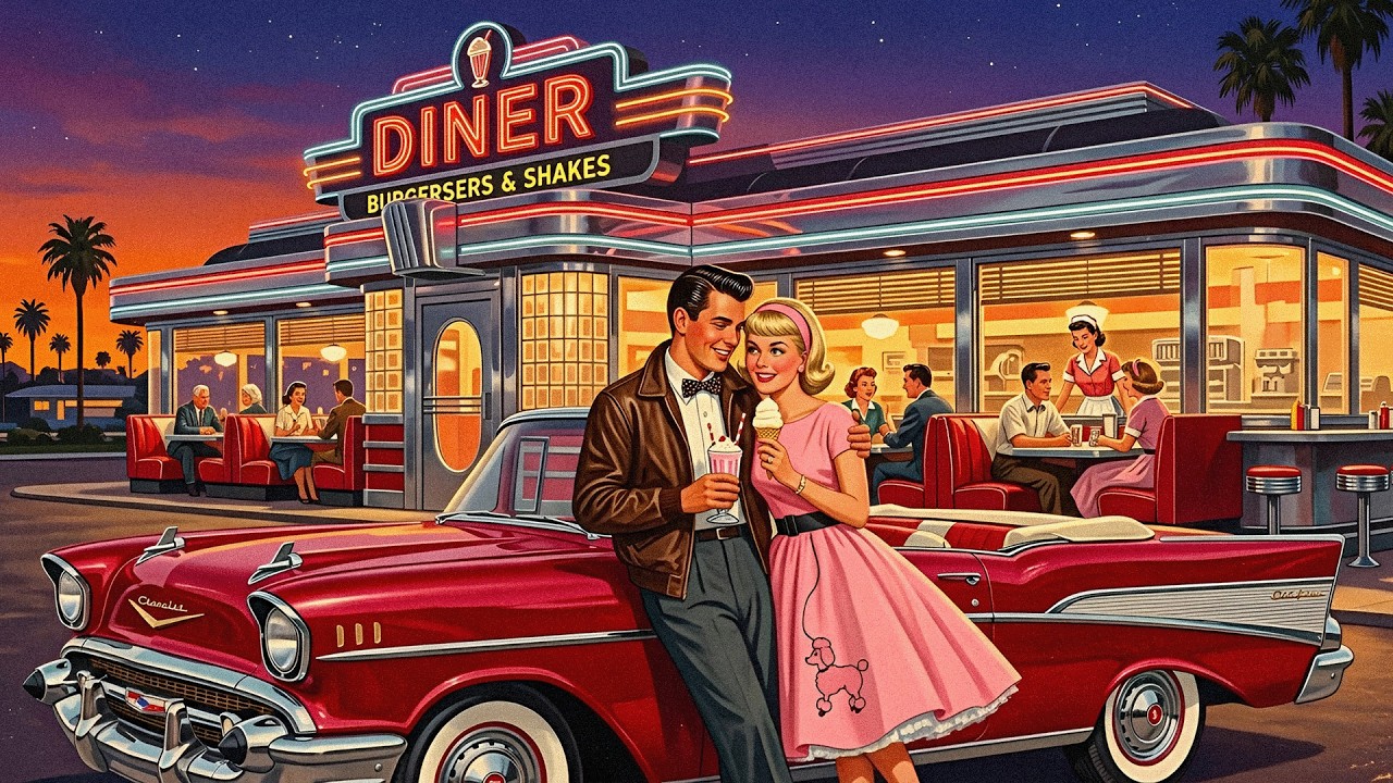 retro diner sunset jazz | soft 1950s jazz with milkshakes by a red convertible