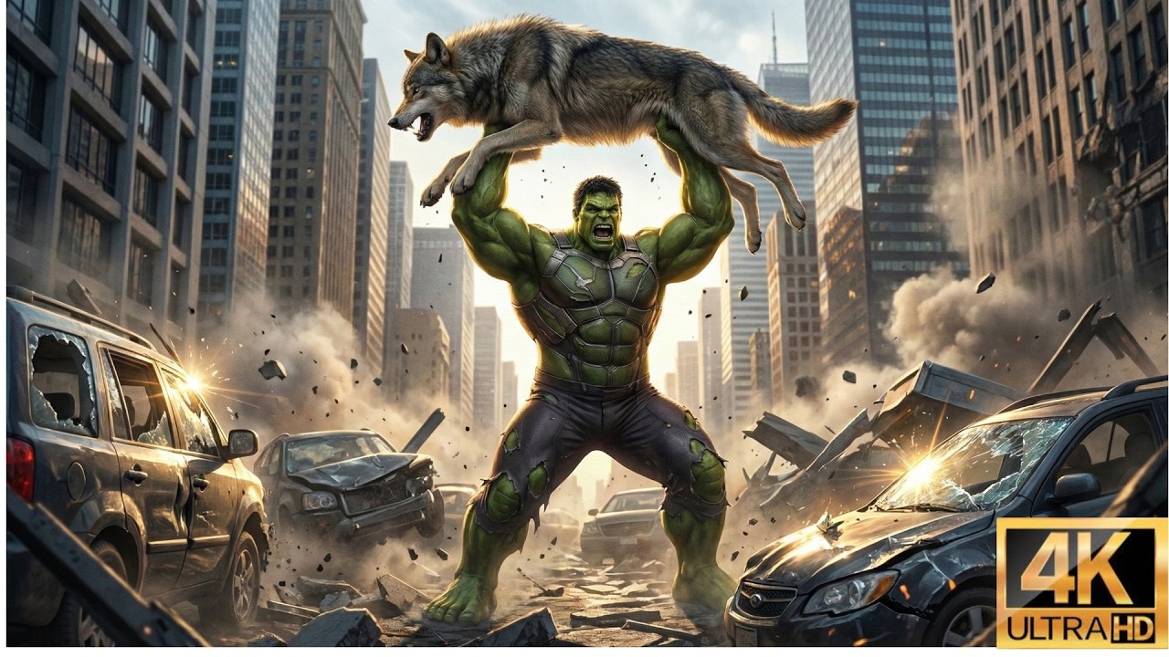 Giant Hulk Battles Massive Wolves in City Streets – Full Action!