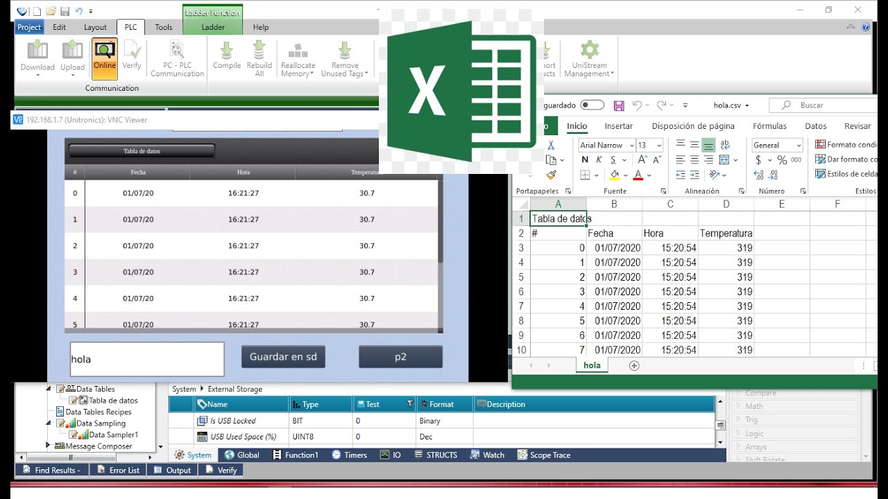 Crea tablas de datos y exportalas a excel por FTP ( Cable Ethernet) con PLC's Unitronics