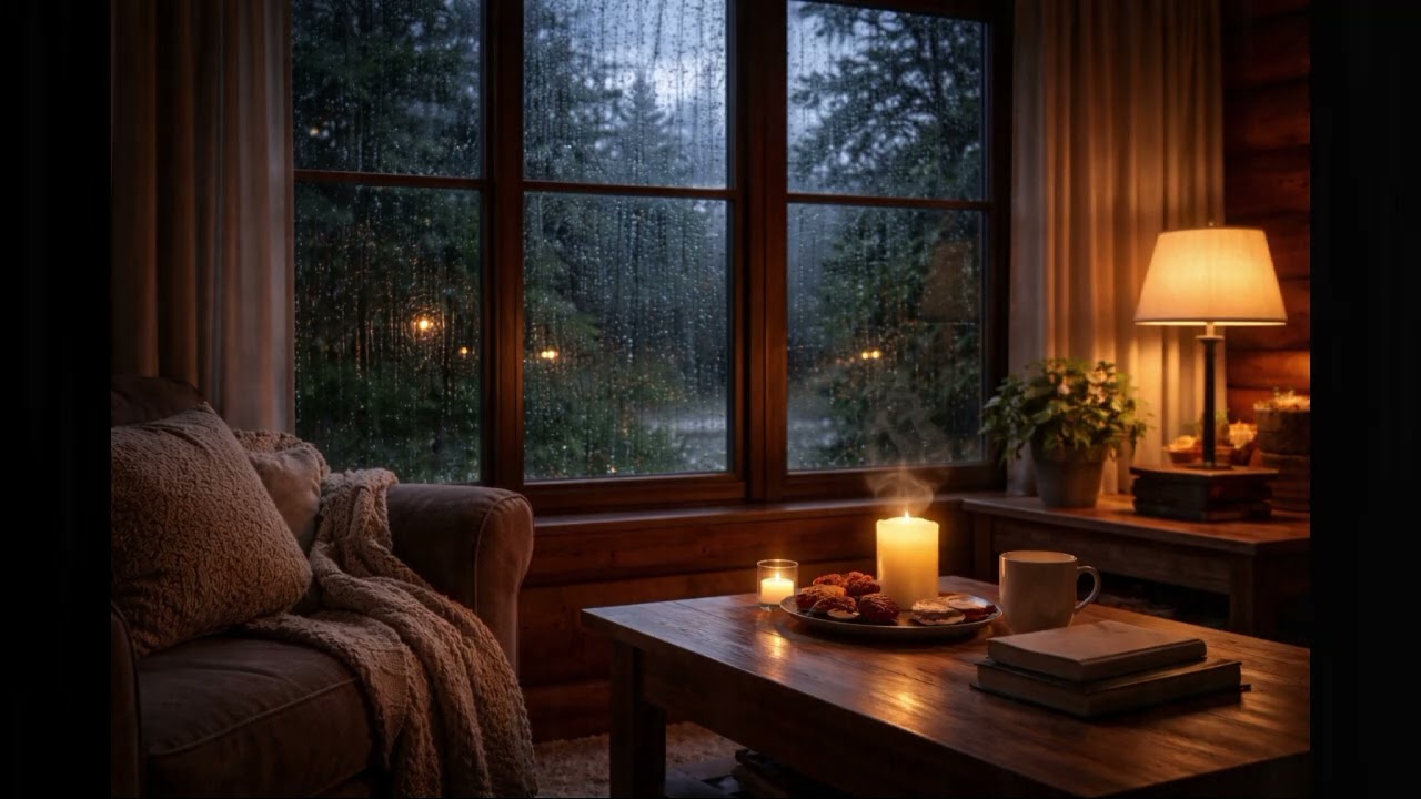 Sleep Music with Rain | Cozy Cabin Window at Night