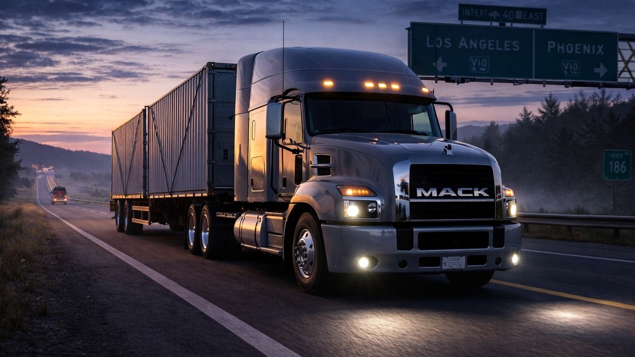 Container Delivery with Mack Anthem in the early hours of the morning - American Truck Simulator
