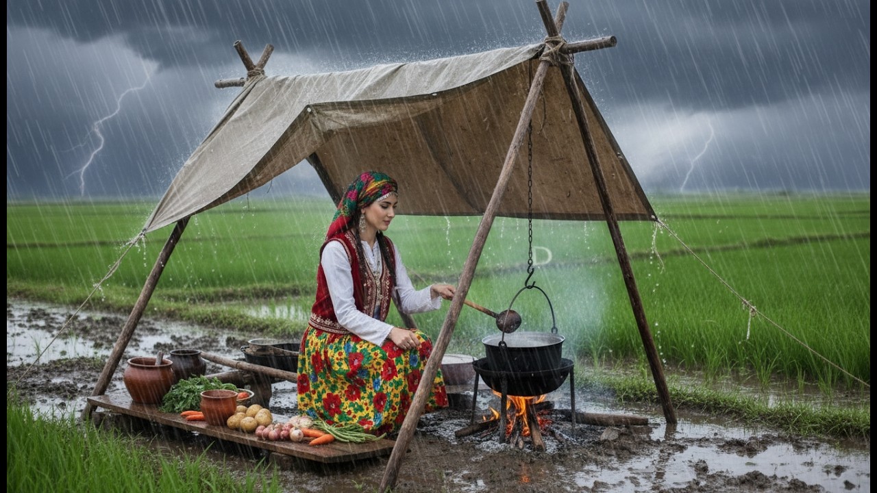 Relaxing Rainy Day in a Forest Cabin: Baking Bread on Fire (ASMR) 🌧️