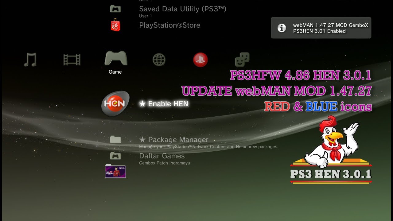 PS3HFW 4.86.1 HEN 3.0.1 UPDATE FIX webMAN MOD 1.47.27 RED & BLUE icons