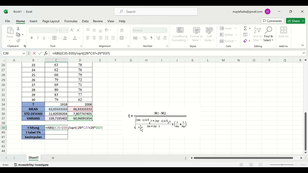 UJI KOMPARASI INDEPENDENT SAMPLE T TEST EXCEL MENGGUNAKAN RUMUS MANUAL