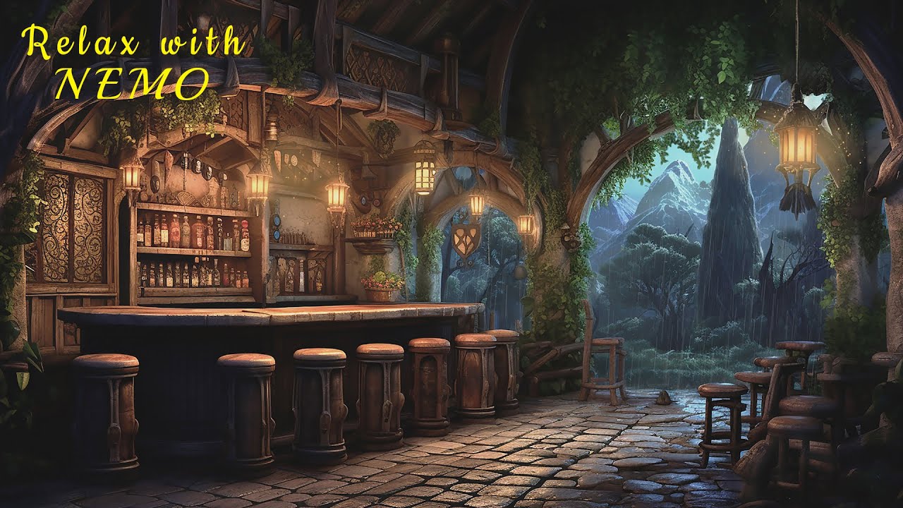 Cozy Rainy Night at the Hobbit Bar - Soft Relaxing Rainfall & Summer Insects Sounds / Sleep, Unwind