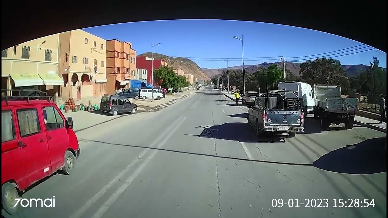Driving motorhome through Taliouine, Morocco 08 January 2023
