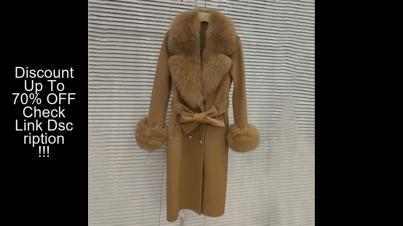 New Long Wool Cashmere Blended Coat Women 2024 Double Breasted Belt Outerwear Cuff Real Fox Fur Coll