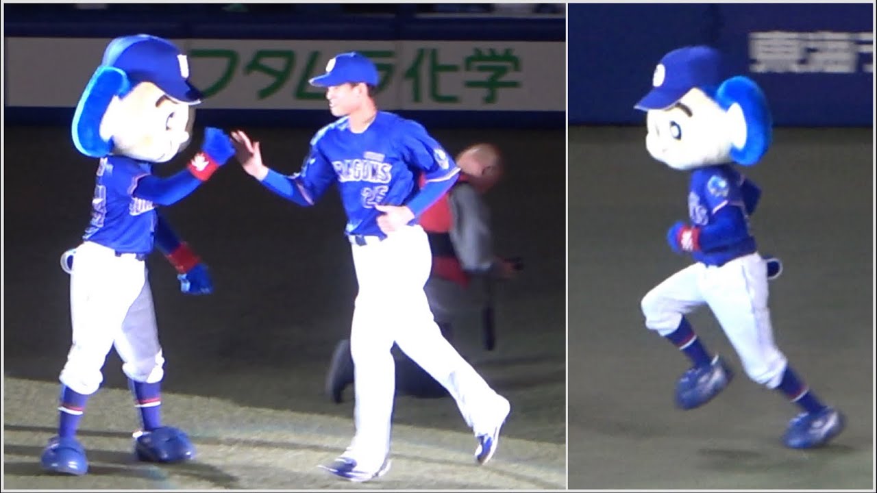ドラゴンズの選手入場をハイタッチで迎えるドアラ！居ないときは代わりに…笑
