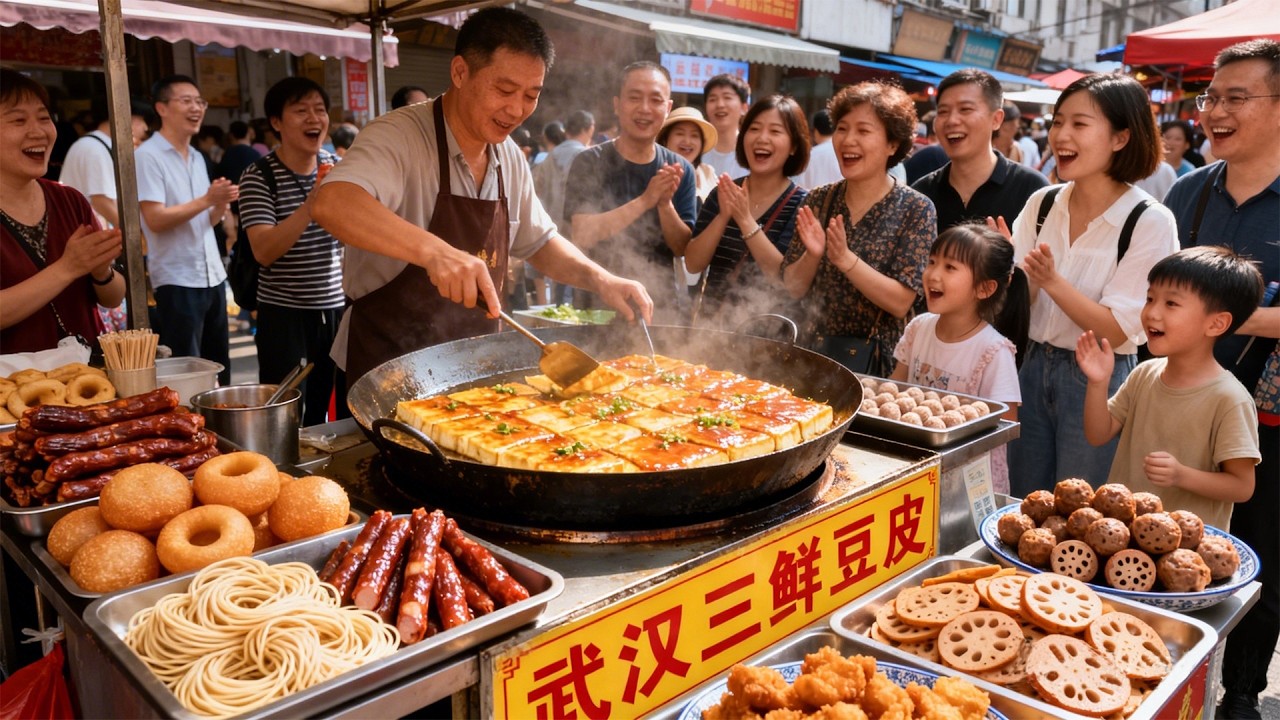中国武汉街头美味早餐与本地人最爱的传统大市场！三鲜豆皮金黄酥脆、热干面与面窝黄金搭档，黄金脆皮莲藕圆子，特色鲜鱼糊米粉，鸡冠饺子，上海熏鱼，新疆烤馕，北京烤鸭与广式烧鸭，一定不要错过！