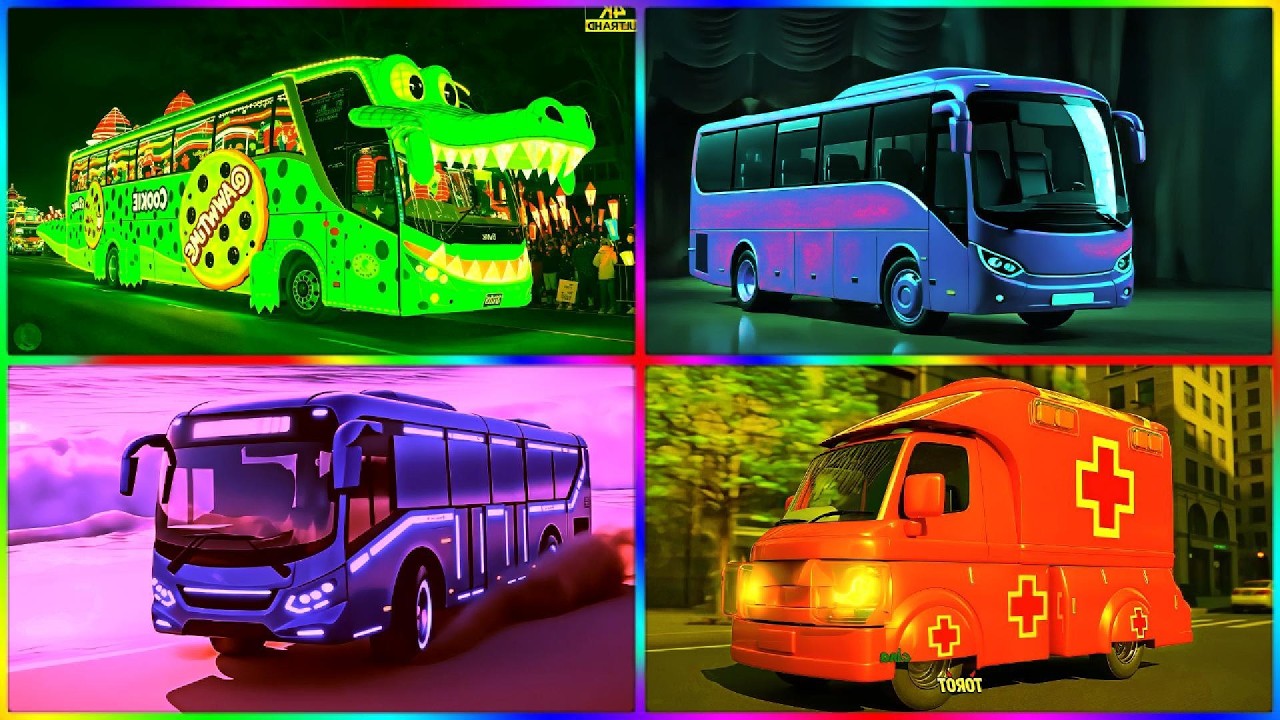 🟢 GREEN CROCODILE PARTY BUS 🆚 🔵 BLUE LUXURY STAGE BUS🩷 NEON SPEED CITY BUS 🆚 🔴 RED MONSTER AMBULANCE